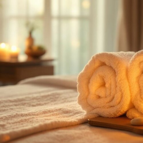 Sakin masaj ortamı, yumuşak ışıklar ve havlular.
