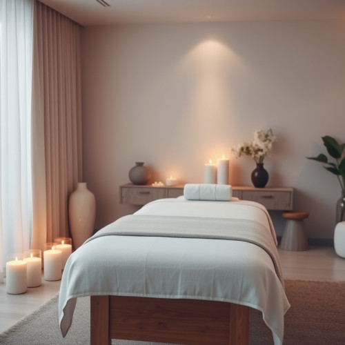 Modern massage therapy room with calming ambiance.